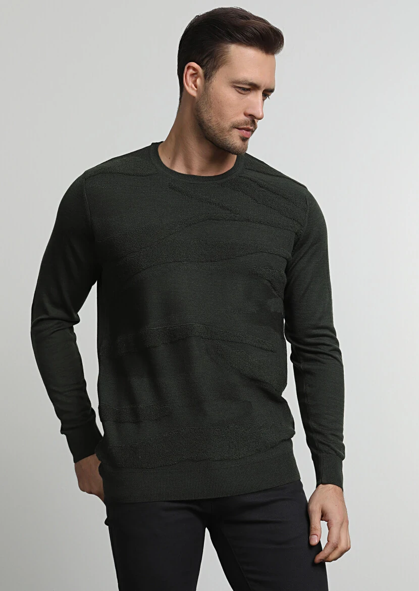 Haki Jakarlı Yün Karışımlı Triko Kazak - 3