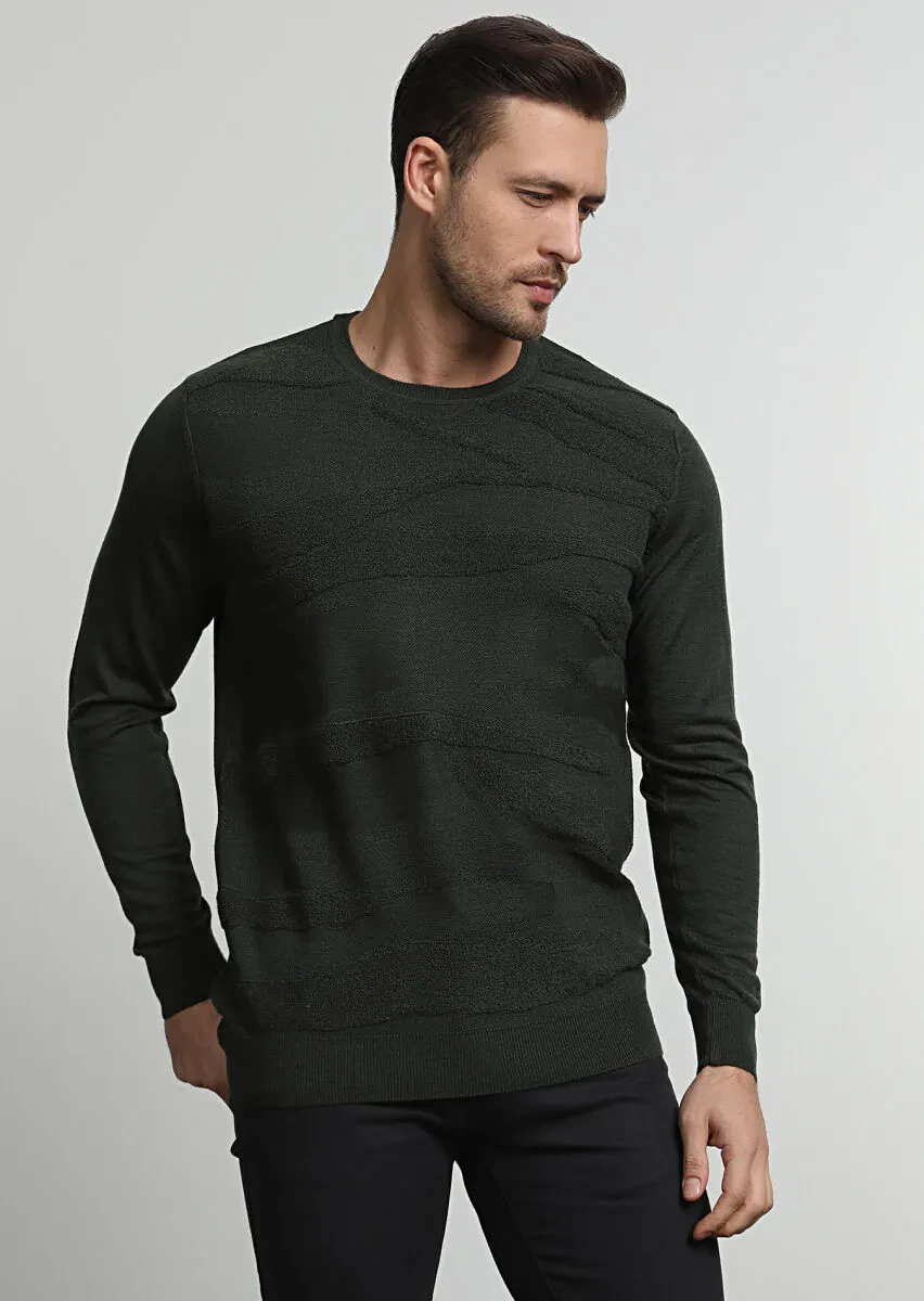 Haki Jakarlı Yün Karışımlı Triko Kazak - 3