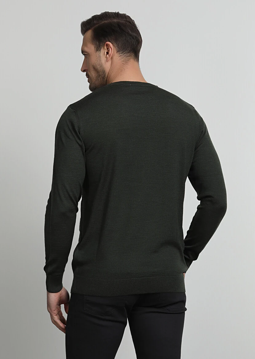 Haki Jakarlı Yün Karışımlı Triko Kazak - 4