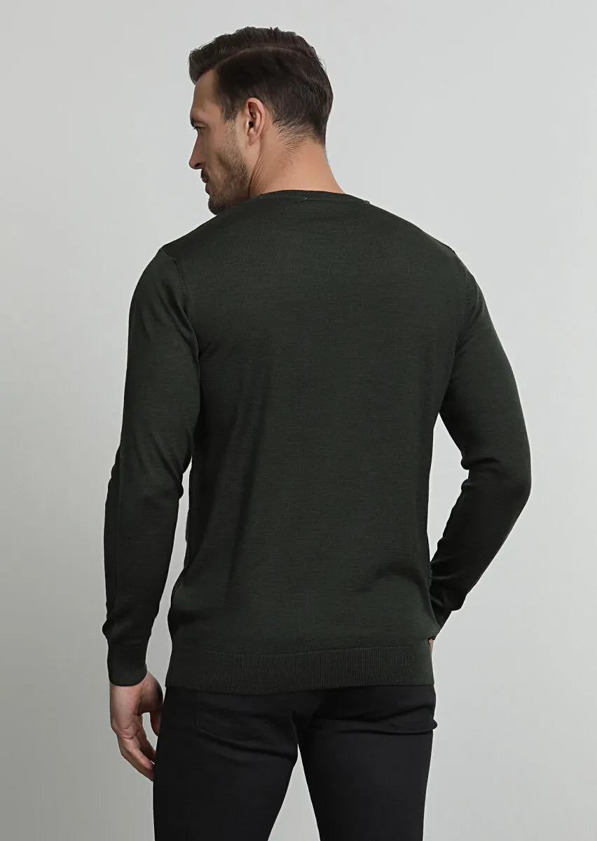 Haki Jakarlı Yün Karışımlı Triko Kazak - 4