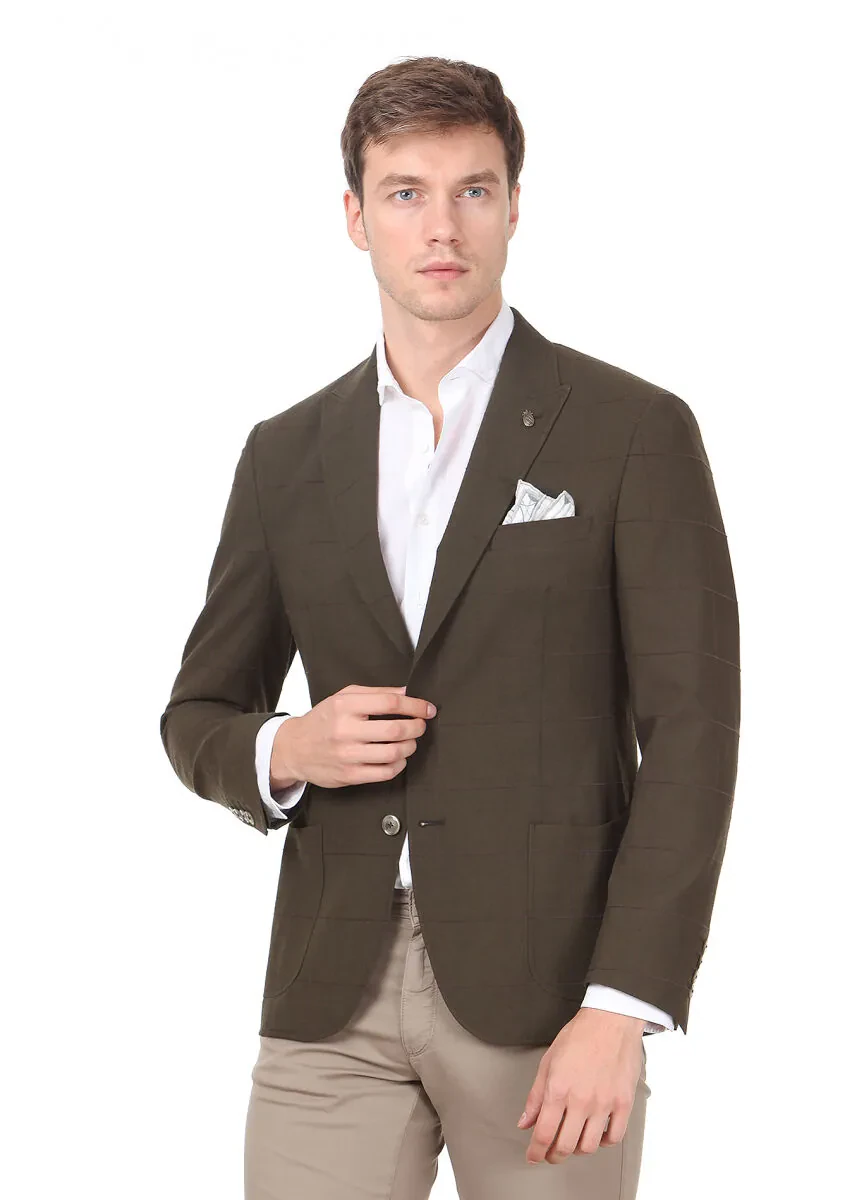 Haki Kareli Zeroweight Slim Fit Yün Karışımlı Ceket - 1