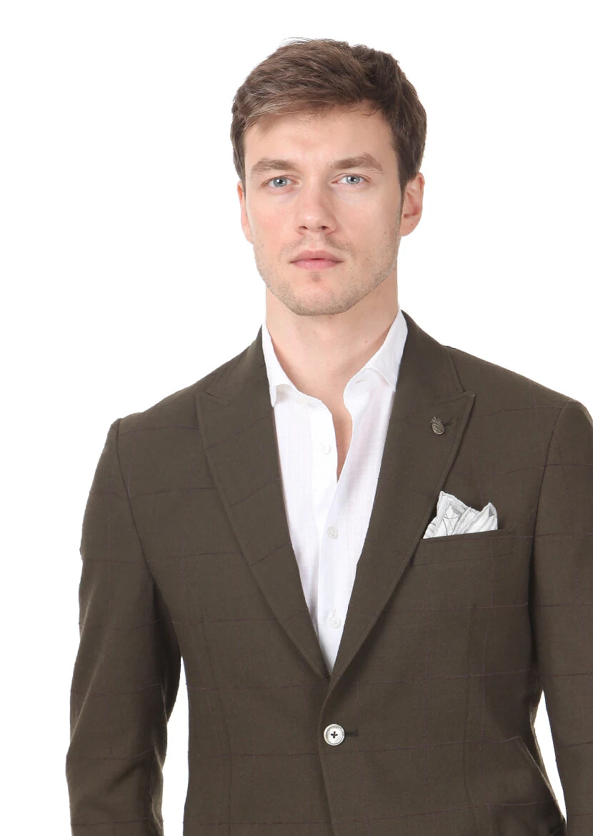 Haki Kareli Zeroweight Slim Fit Yün Karışımlı Ceket - 3