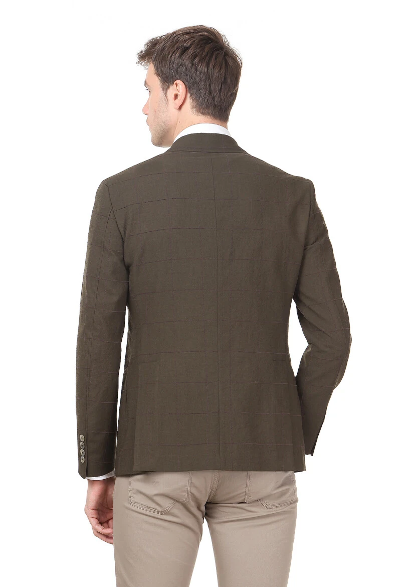 Haki Kareli Zeroweight Slim Fit Yün Karışımlı Ceket - 4