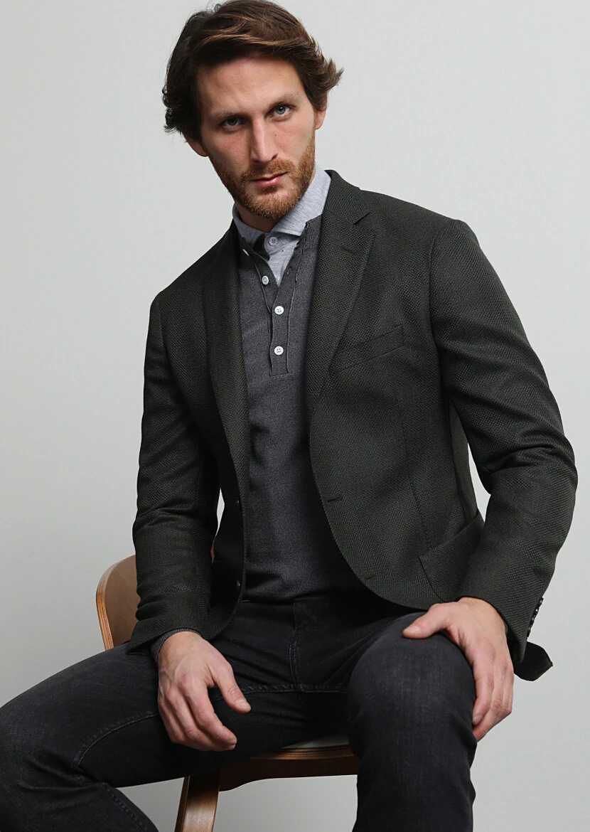 Haki Mikro Comfort Fit Yün Karışımlı Ceket - 1