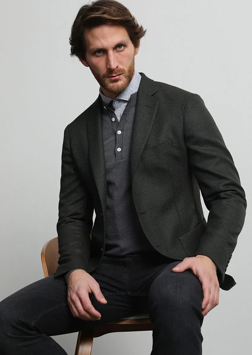 Haki Mikro Comfort Fit Yün Karışımlı Ceket - 1