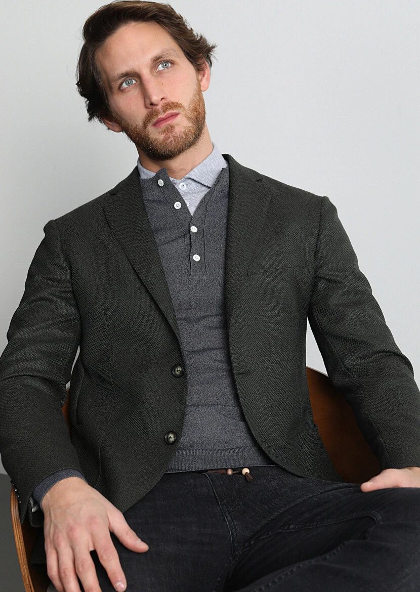 Haki Mikro Comfort Fit Yün Karışımlı Ceket - 2