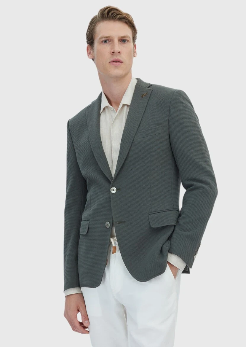 Haki Mikro Zeroweight Slim Fit Pamuk Karışımlı Örme Ceket - RAMSEY