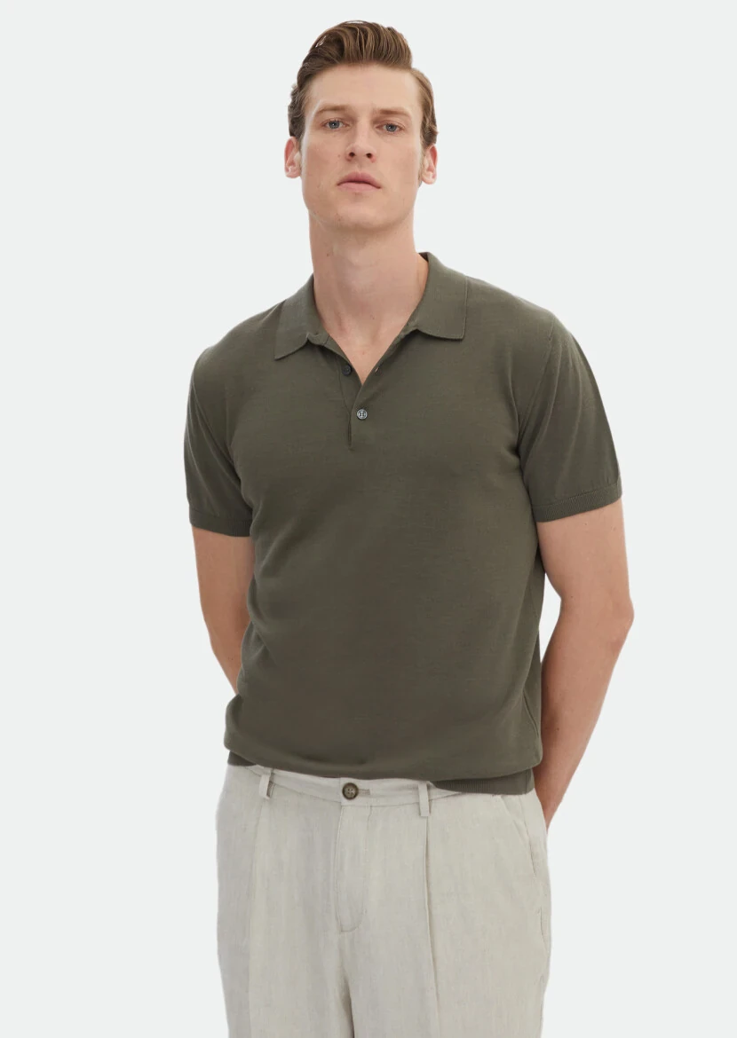 Haki Polo Yaka Düz Örgü %100 Pamuk Triko - RAMSEY