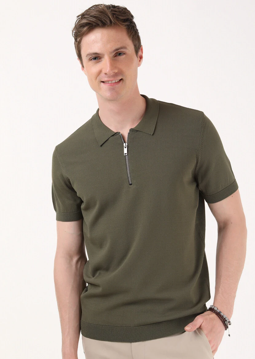 Haki Polo Yaka Düz Örgü Triko - 1