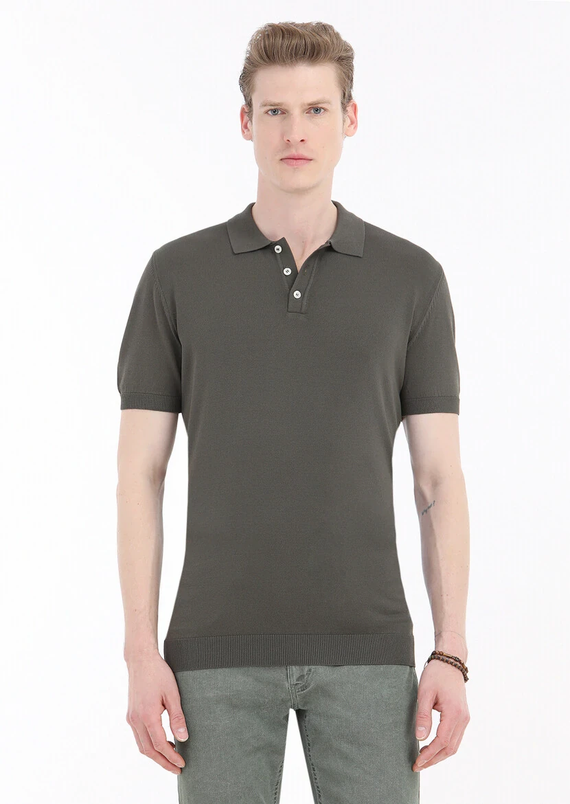 Haki Polo Yaka Düz Örgü Triko 