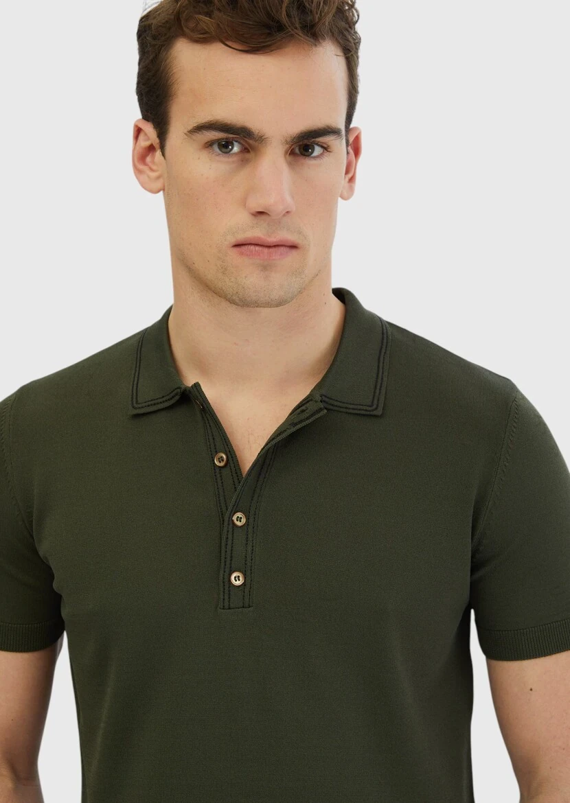 Haki Polo Yaka Düz Örgü Triko - 3