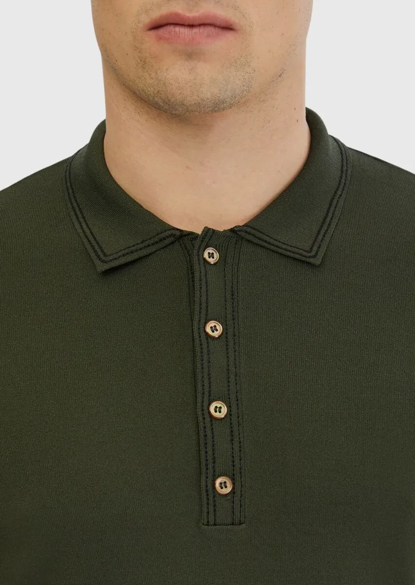 Haki Polo Yaka Düz Örgü Triko - 4