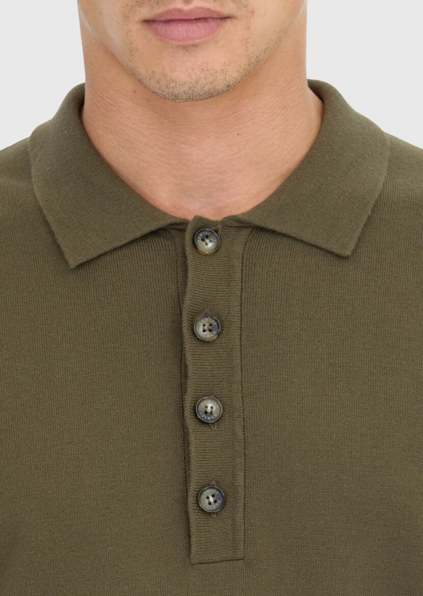 Haki Polo Yaka Düz Örgü Triko Kazak - 5