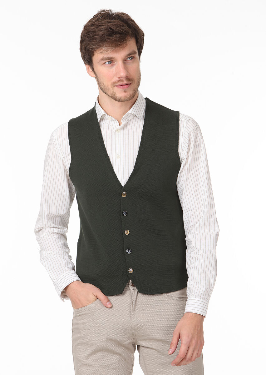 Haki Regular Fit Casual Örme Triko Yelek - 1