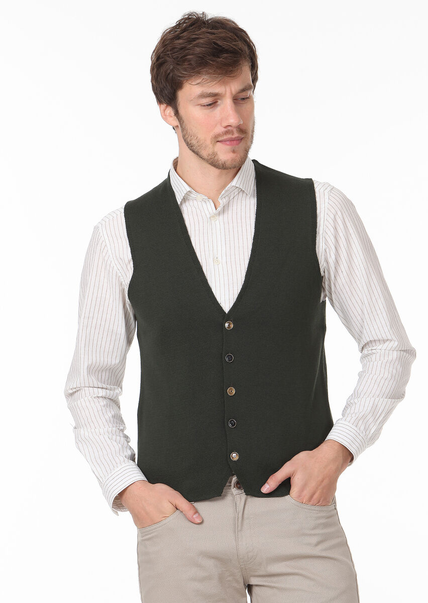 Haki Regular Fit Casual Örme Triko Yelek - 2