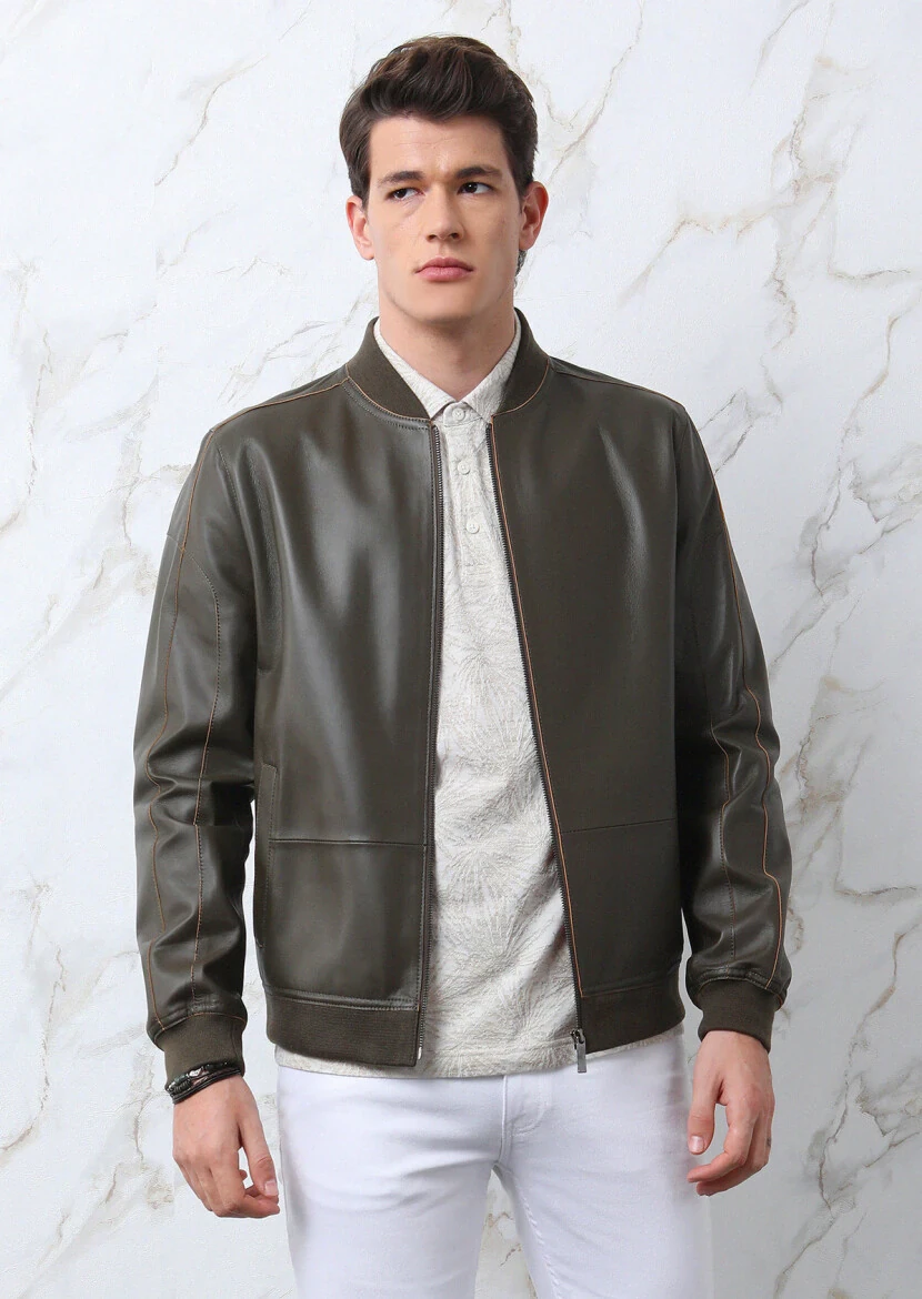 Haki Regular Fit Dik Yaka Casual Deri Deri Mont - 1