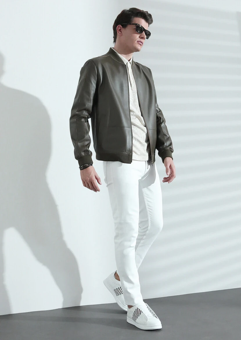 Haki Regular Fit Dik Yaka Casual Deri Deri Mont - 4