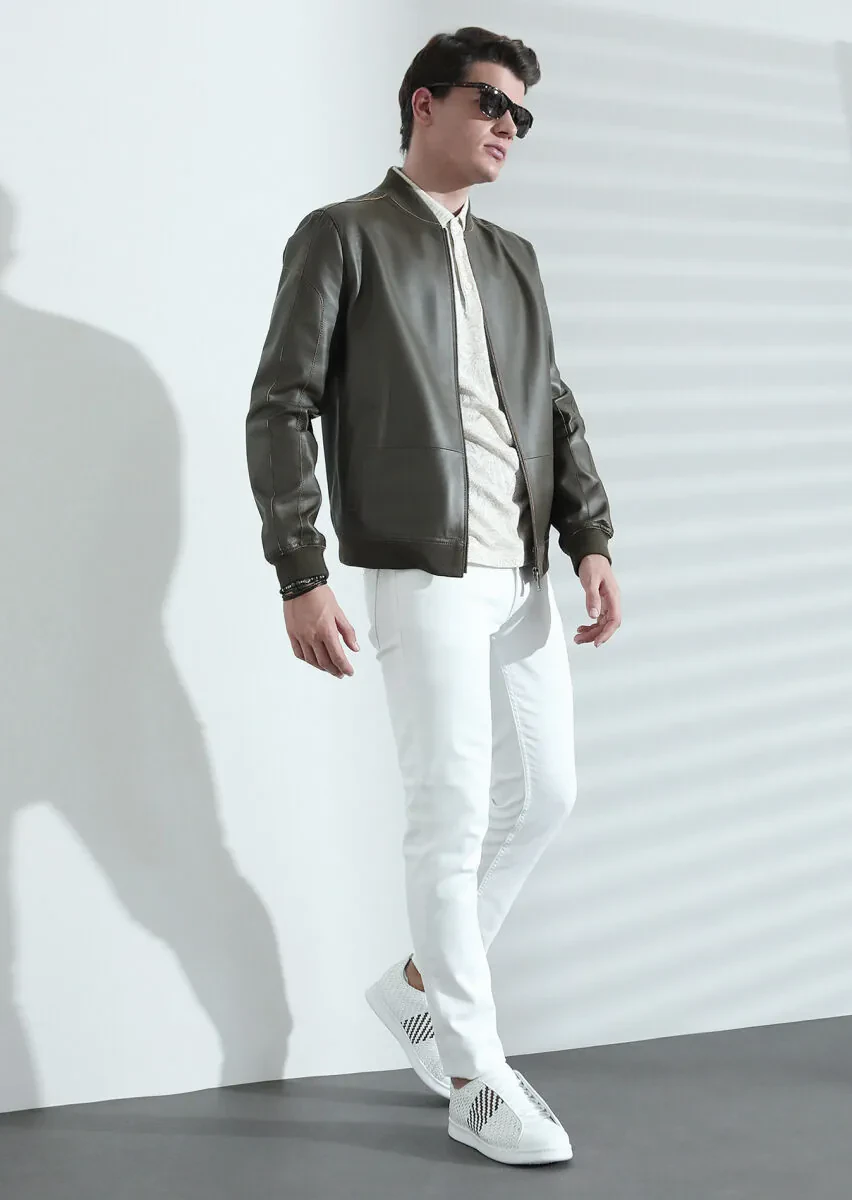 Haki Regular Fit Dik Yaka Casual Deri Deri Mont - 4