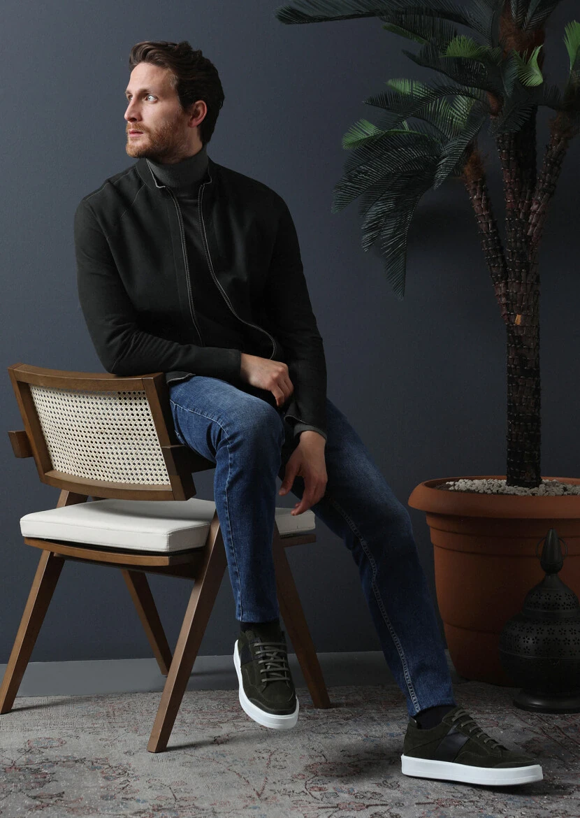 Haki Regular Fit Dik Yaka Casual Deri Deri Mont - 1