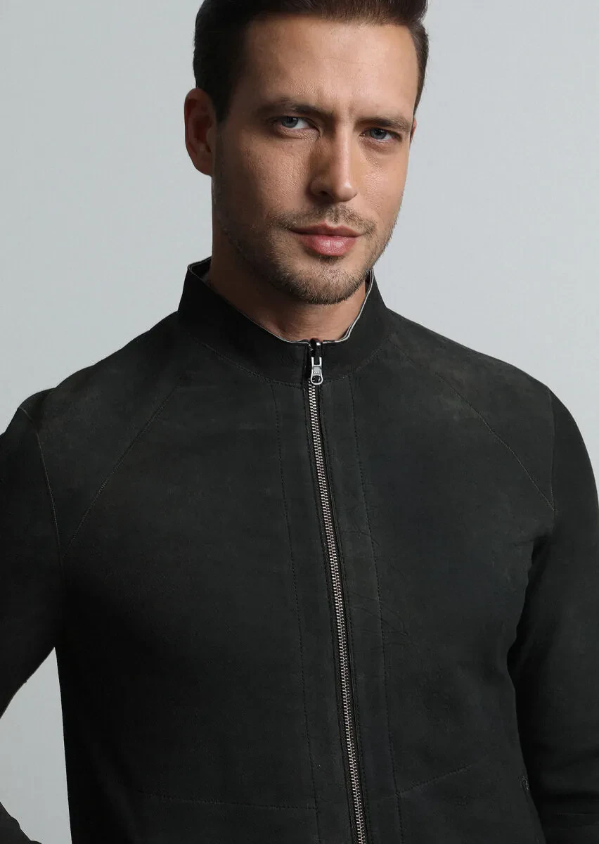 Haki Regular Fit Dik Yaka Casual Deri Deri Mont - 3