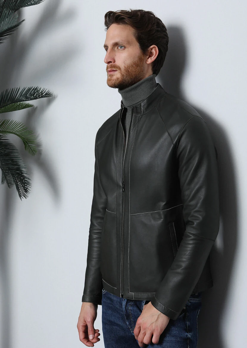 Haki Regular Fit Dik Yaka Casual Deri Deri Mont - 4