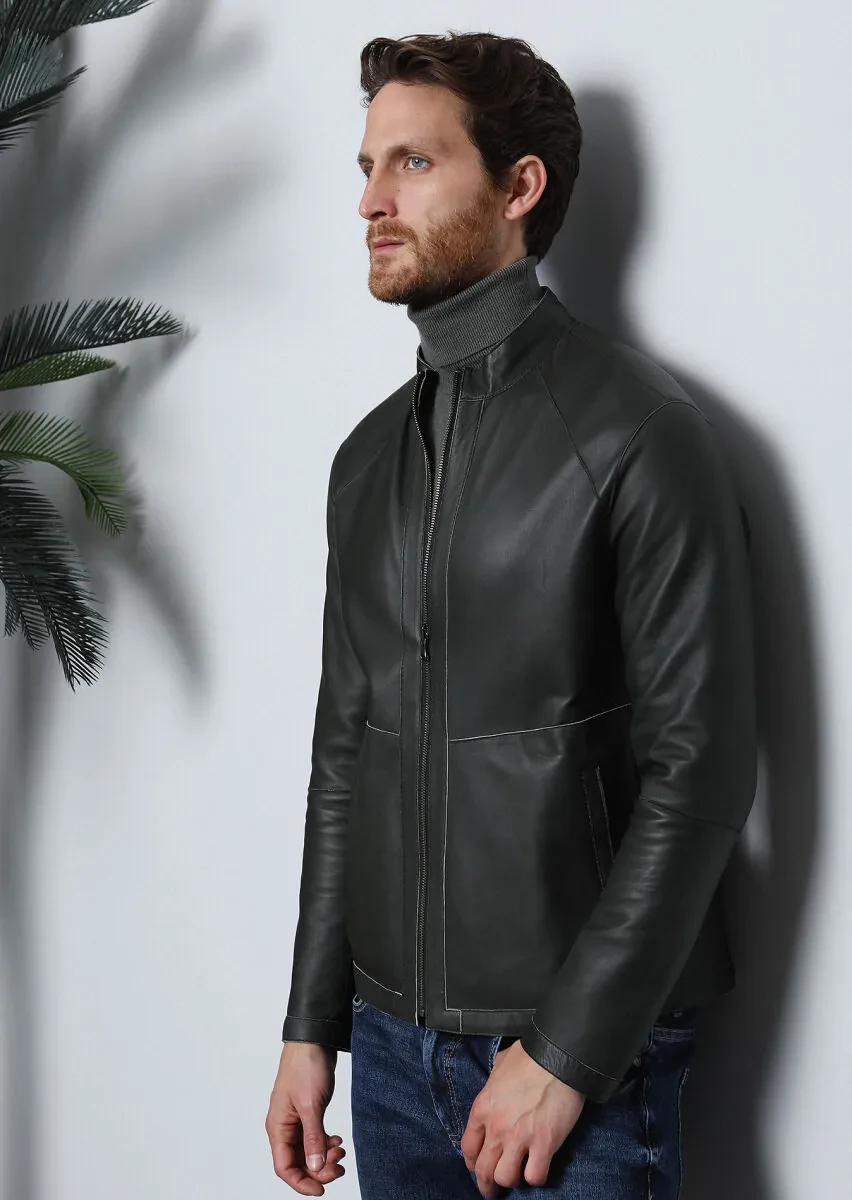 Haki Regular Fit Dik Yaka Casual Deri Deri Mont - 4