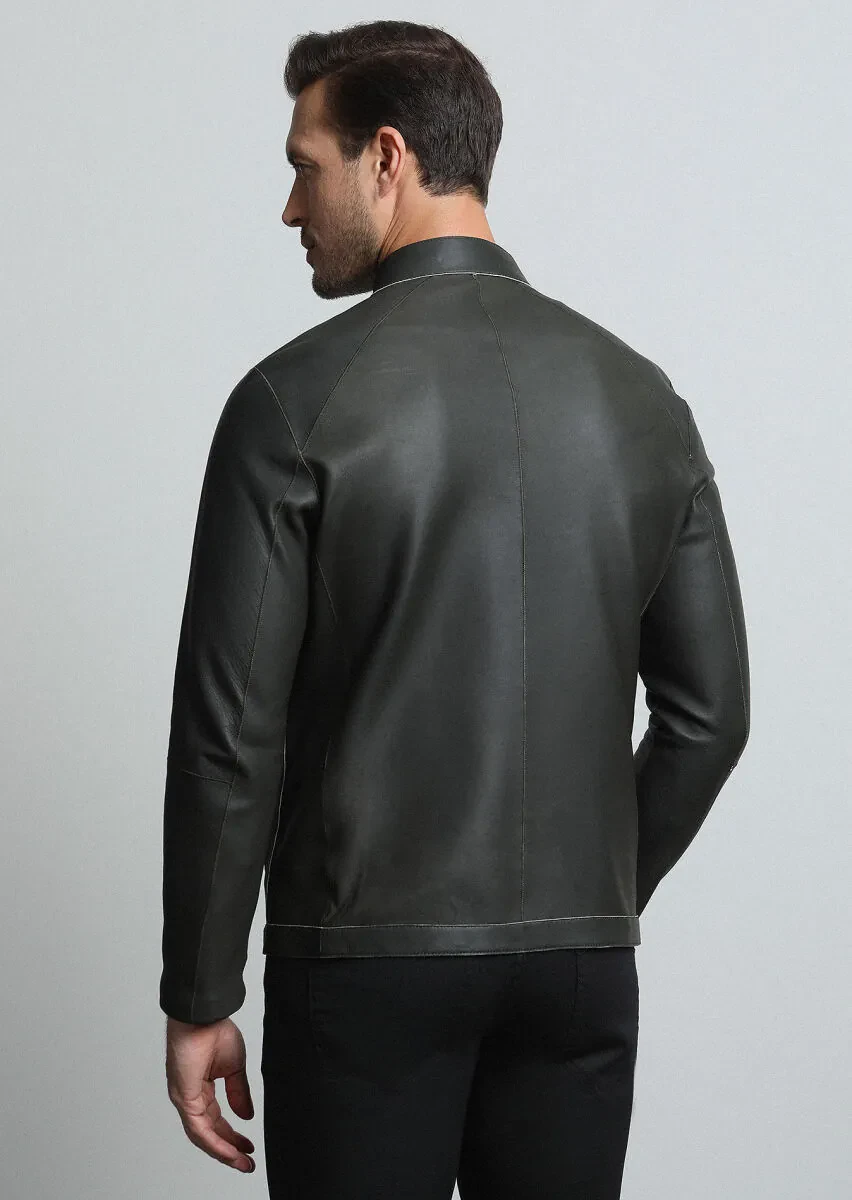 Haki Regular Fit Dik Yaka Casual Deri Deri Mont - 5