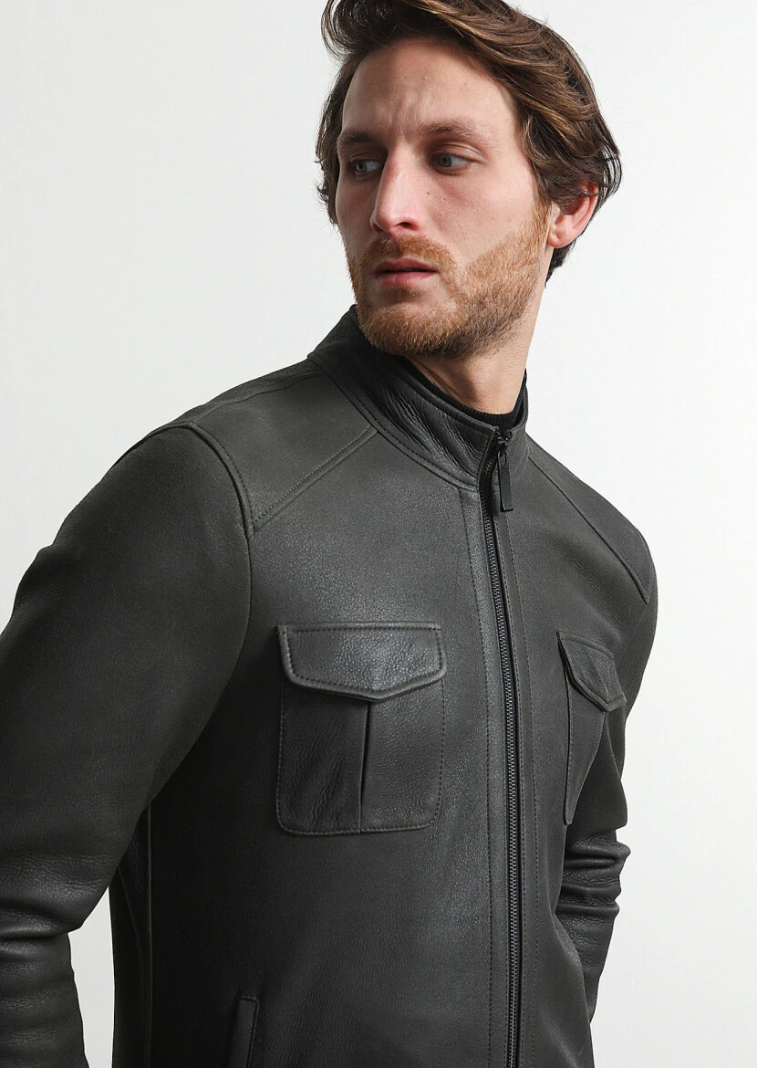 Haki Regular Fit Dik Yaka Casual Deri Deri Mont - 2