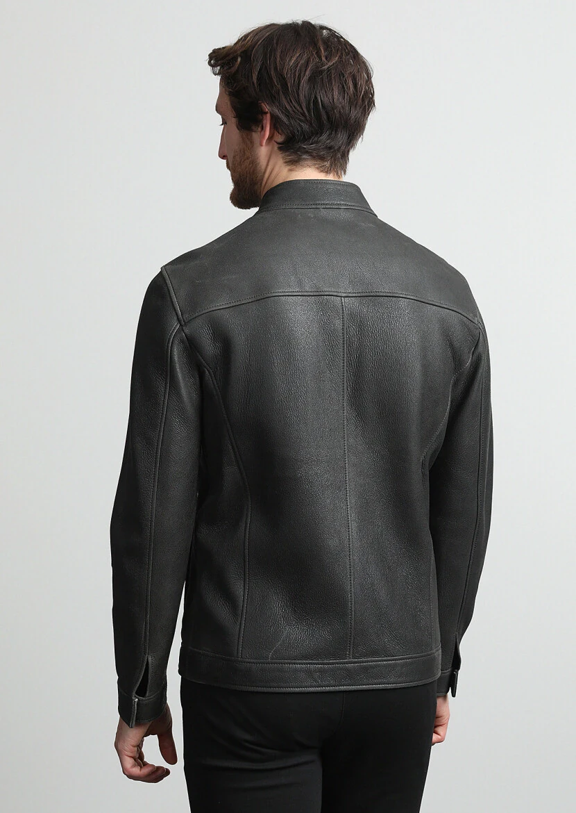 Haki Regular Fit Dik Yaka Casual Deri Deri Mont - 4