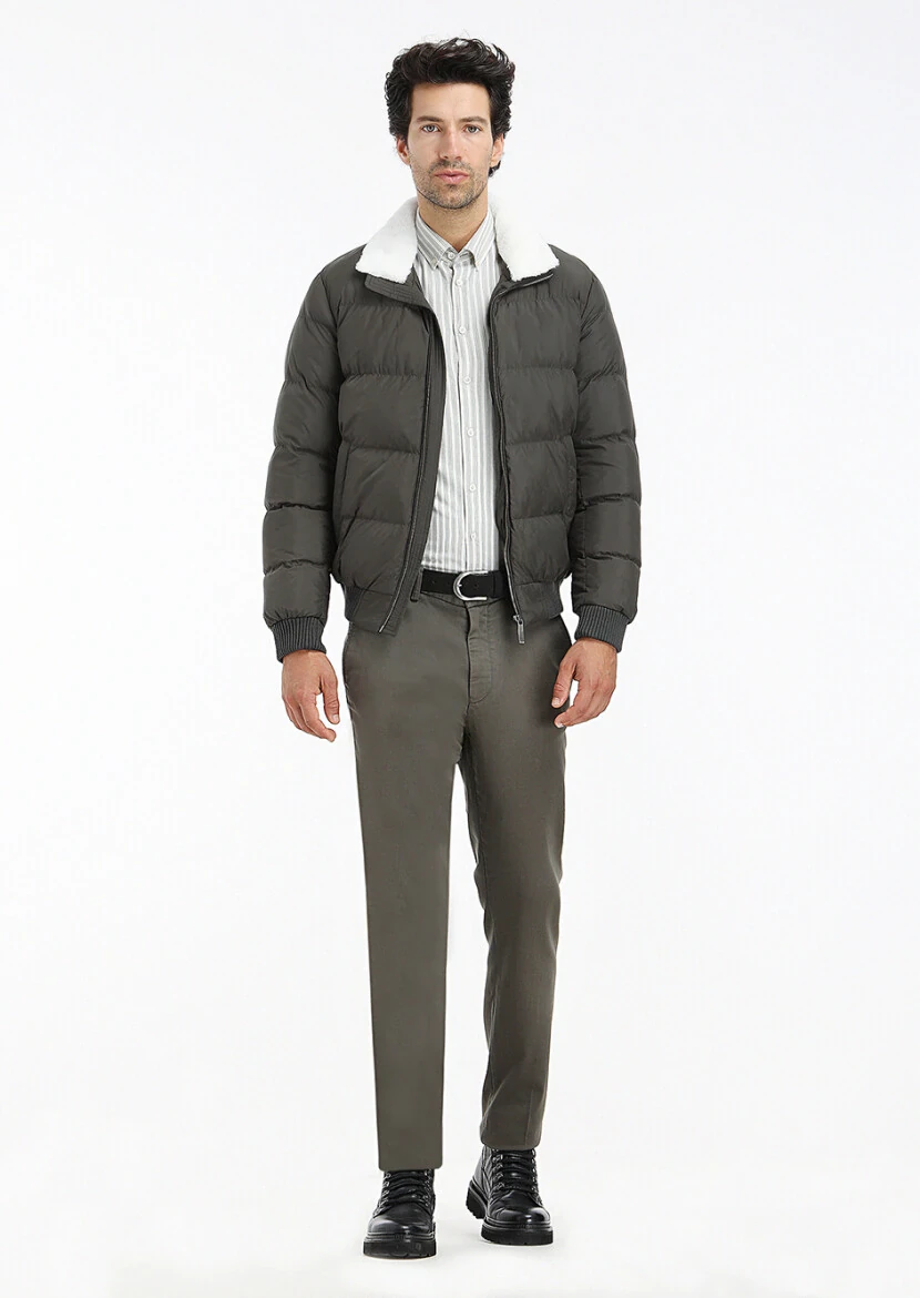 Haki Regular Fit Dik Yaka Casual Dokuma Mont - 1