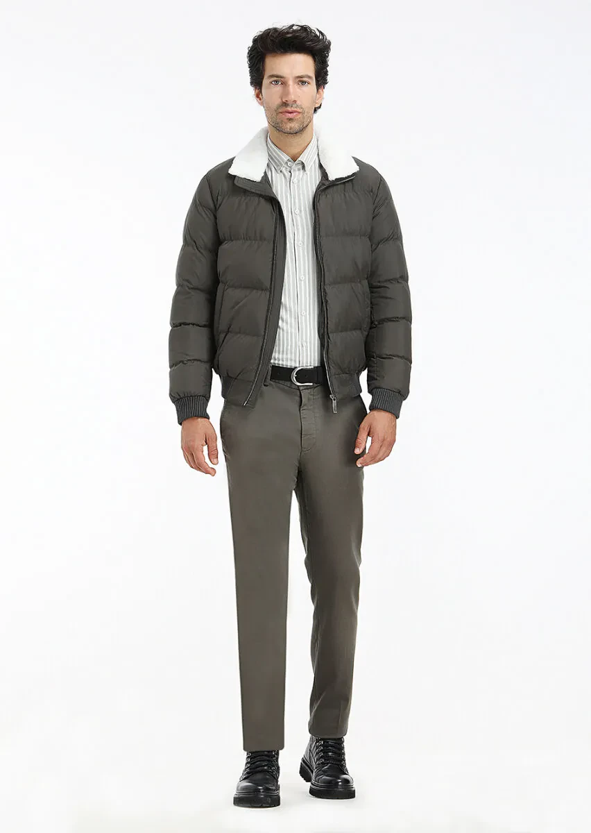 Haki Regular Fit Dik Yaka Casual Dokuma Mont - 1