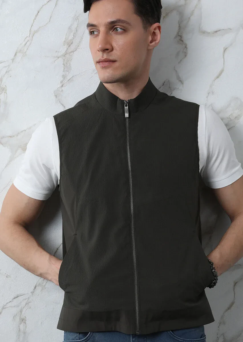 Haki Regular Fit Dik Yaka Casual Dokuma Spor Yelek - 3