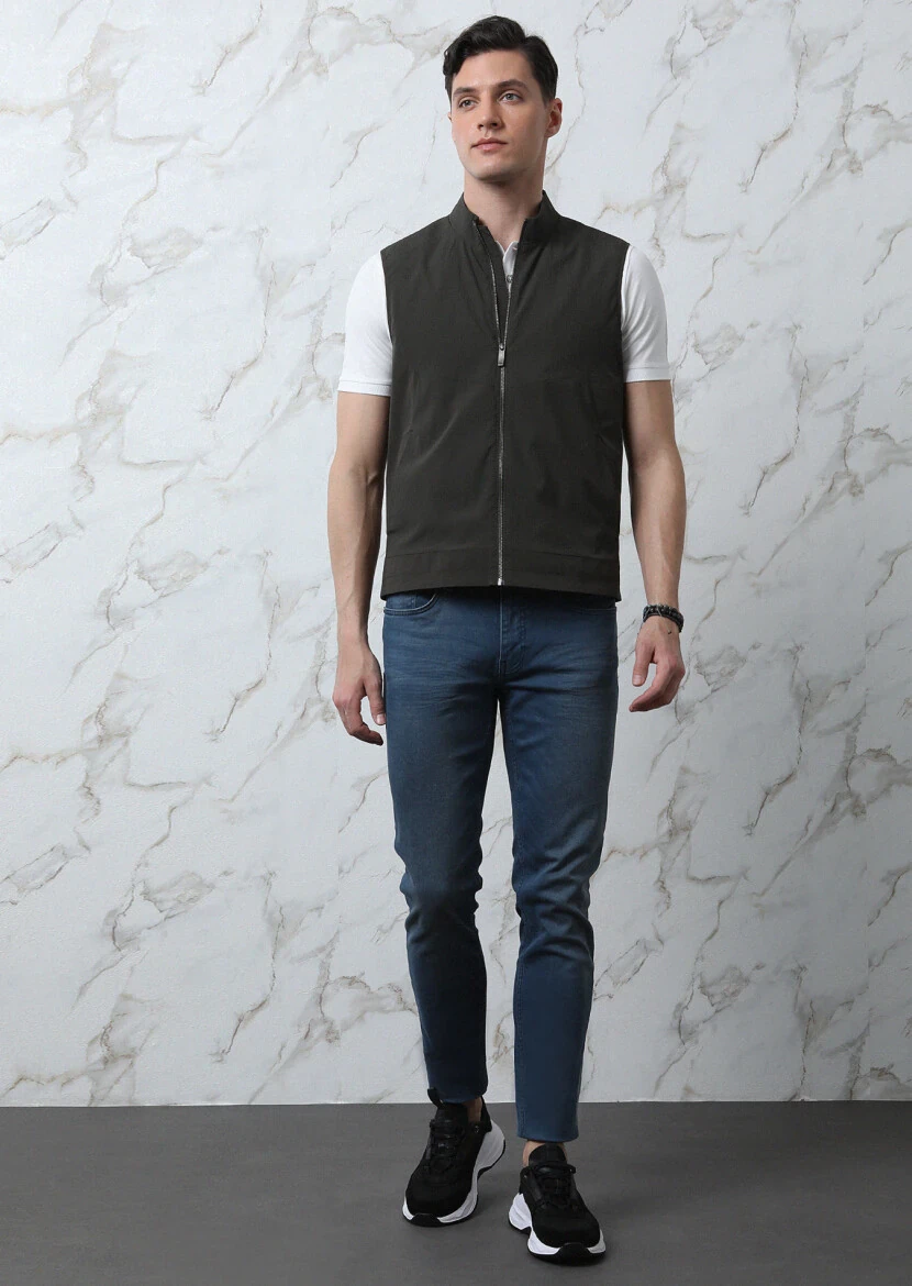 Haki Regular Fit Dik Yaka Casual Dokuma Spor Yelek - 4