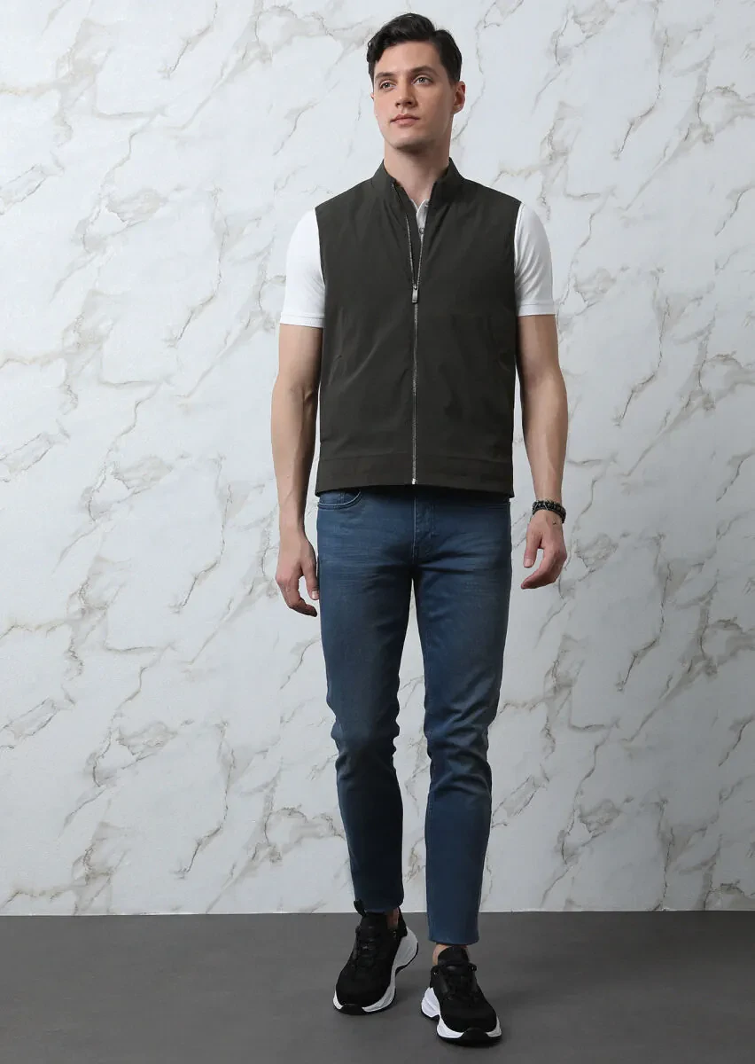 Haki Regular Fit Dik Yaka Casual Dokuma Spor Yelek - 4