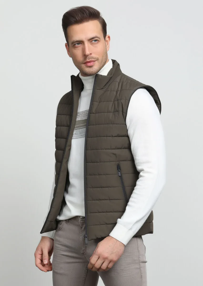 Haki Regular Fit Dik Yaka Casual Dokuma Spor Yelek - 1