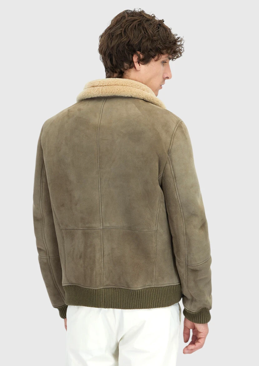 Haki Regular Fit Dik Yaka Casual Koyun Kürkü Deri Mont - 6