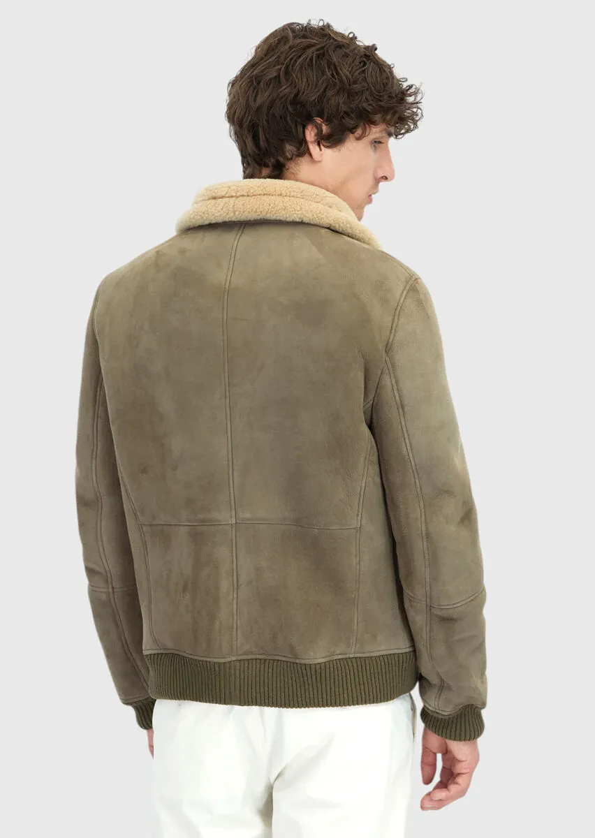 Haki Regular Fit Dik Yaka Casual Koyun Kürkü Deri Mont - 6