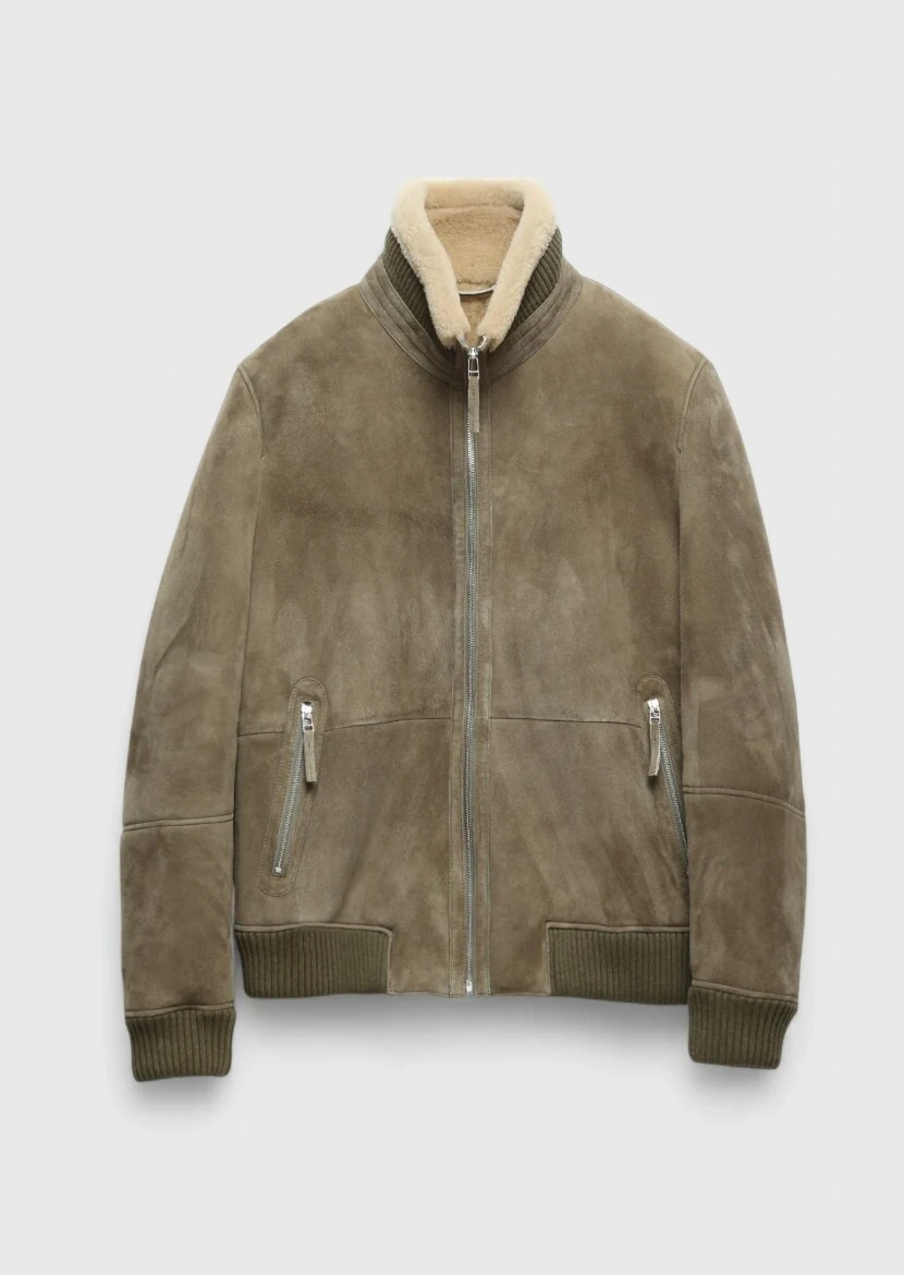 Haki Regular Fit Dik Yaka Casual Koyun Kürkü Deri Mont - 7