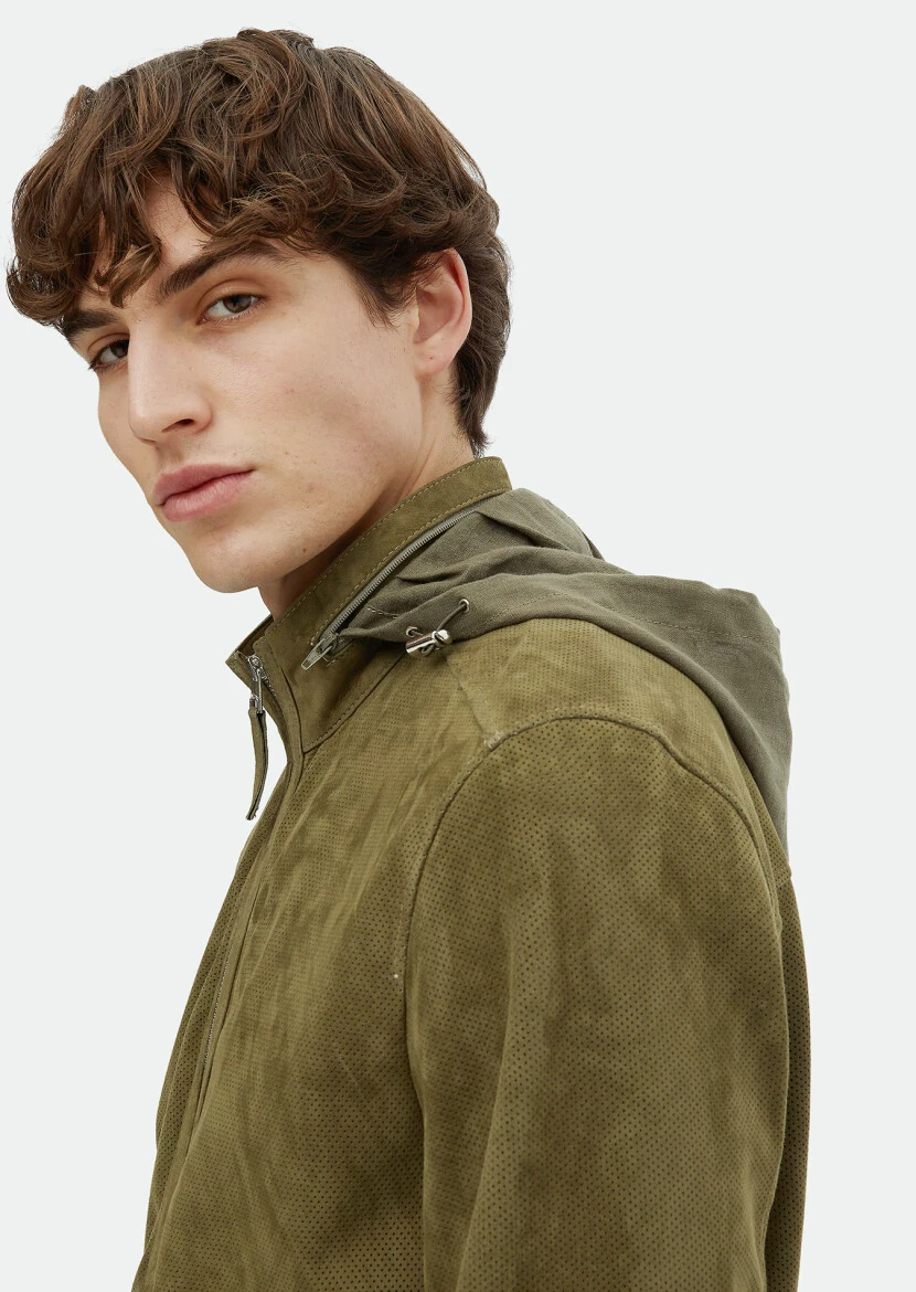 Haki Regular Fit Dik Yaka Casual Süet Deri Mont - 5