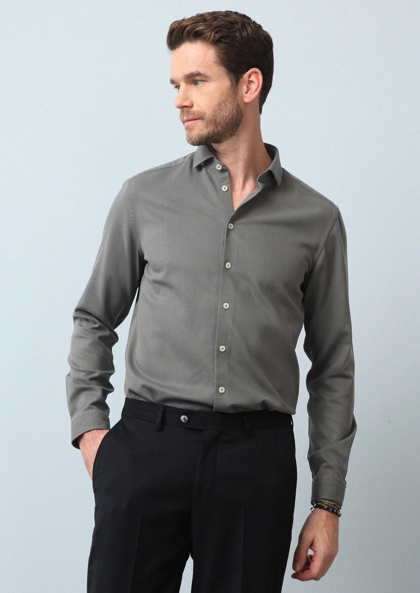 Haki Regular Fit Dokuma Casual Pamuk Karışımlı Gömlek - 1