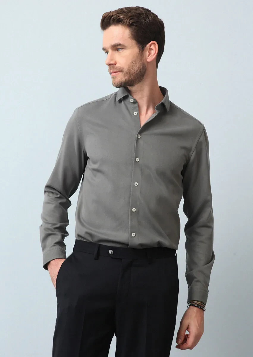 Haki Regular Fit Dokuma Casual Pamuk Karışımlı Gömlek - 1