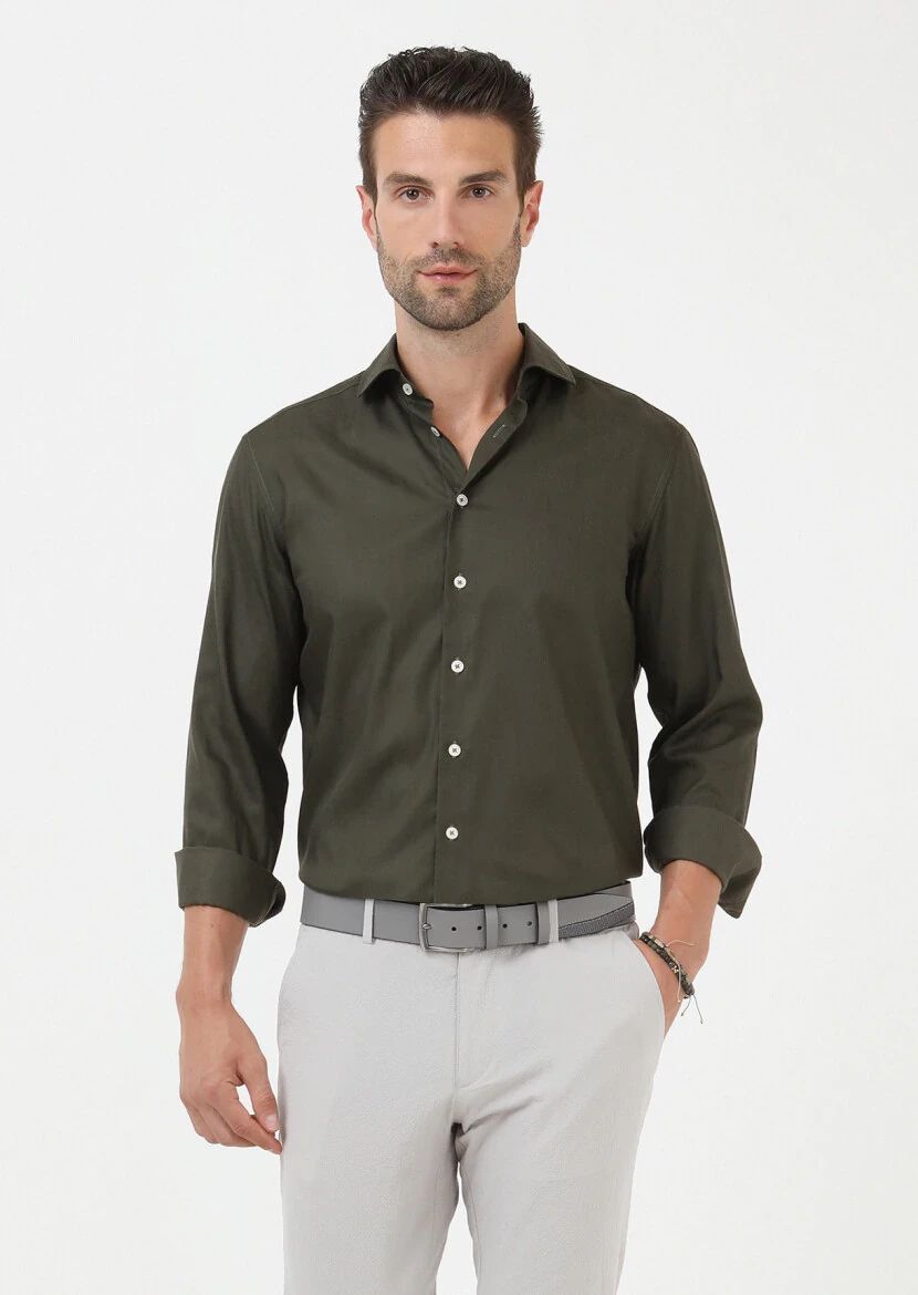 Haki Regular Fit Dokuma Casual Pamuk Karışımlı Gömlek 