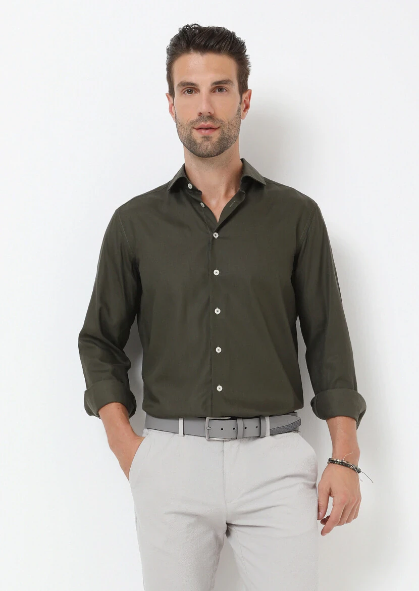 Haki Regular Fit Dokuma Casual Pamuk Karışımlı Gömlek - 3