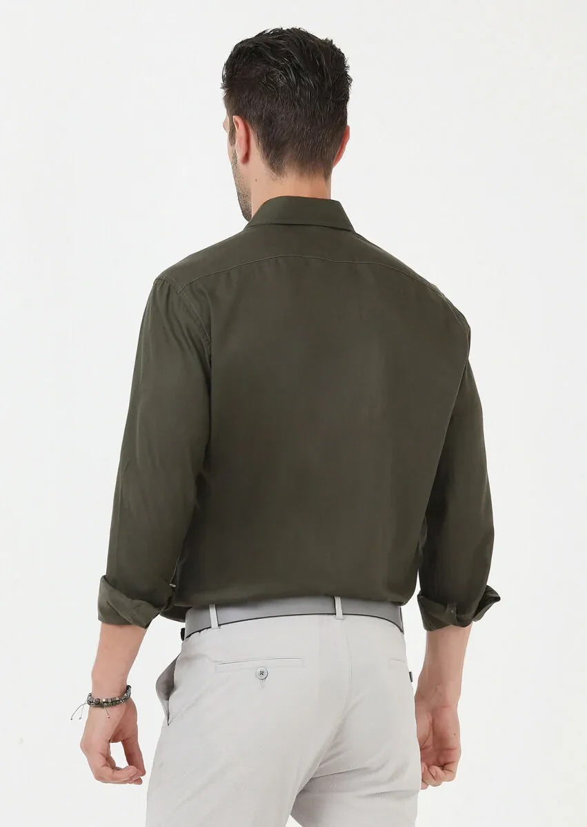 Haki Regular Fit Dokuma Casual Pamuk Karışımlı Gömlek - 4