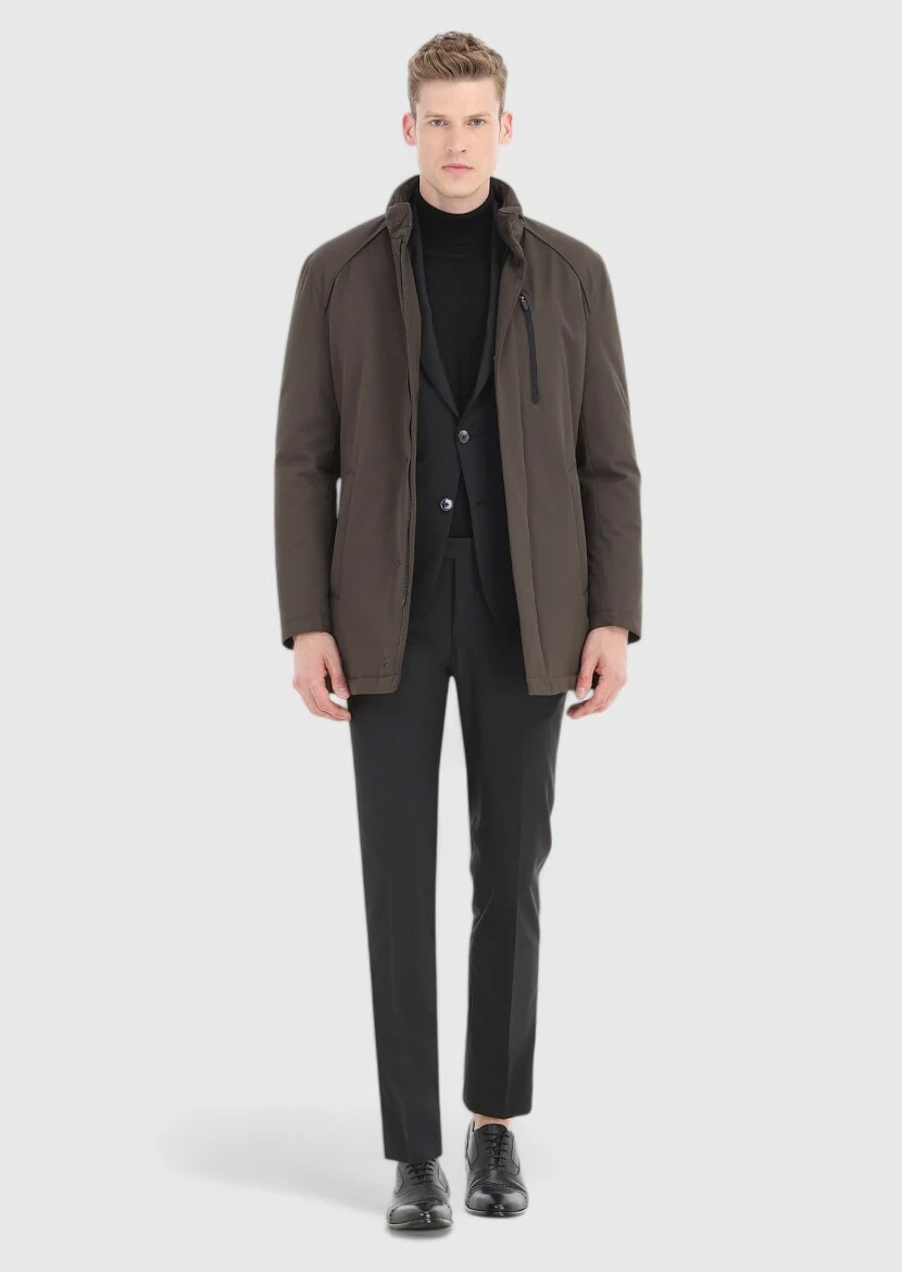 Haki Regular Fit Gizli Kapüşon Casual Dokuma Kaban - 1