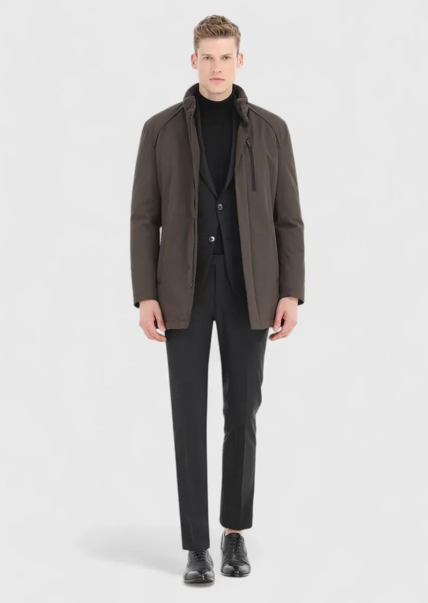 Haki Regular Fit Gizli Kapüşon Casual Dokuma Kaban - 1