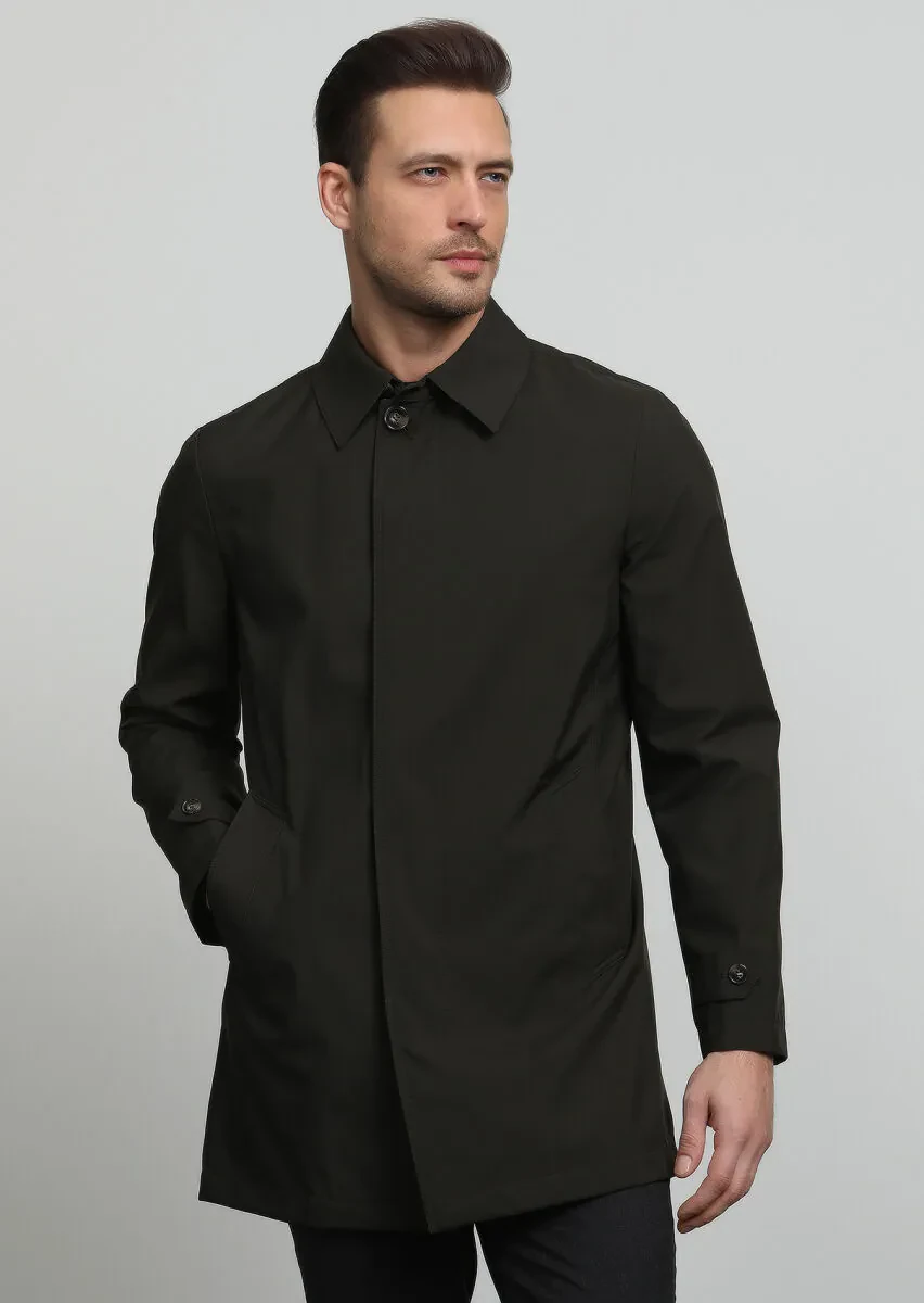 Haki Regular Fit Gömlek Yaka Casual Dokuma Pardesü - 1