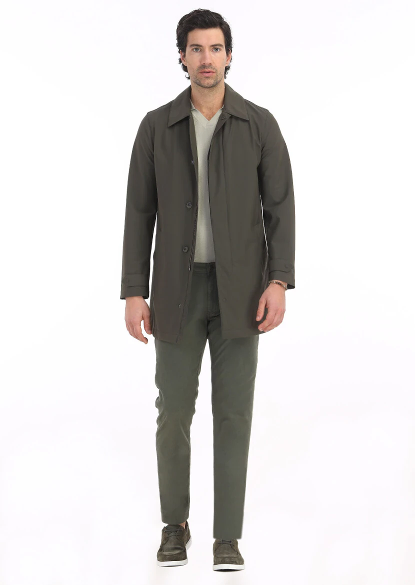 Haki Regular Fit Gömlek Yaka Casual Dokuma Pardesü - 1