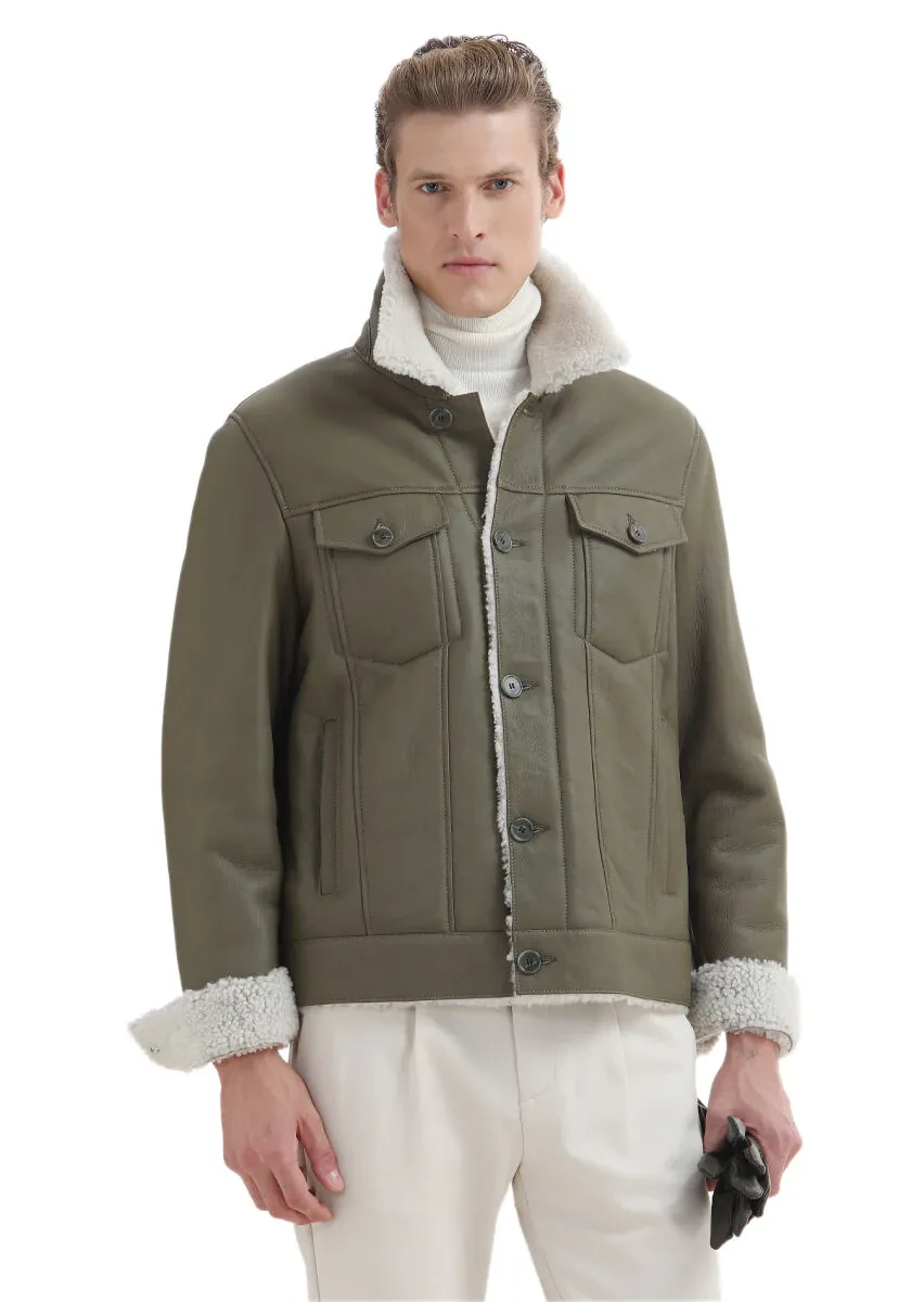 Haki Regular Fit Gömlek Yaka Casual Kürk Deri Mont - 1