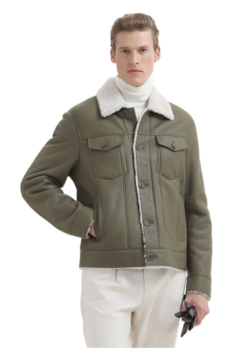 Haki Regular Fit Gömlek Yaka Casual Kürk Deri Mont - 3